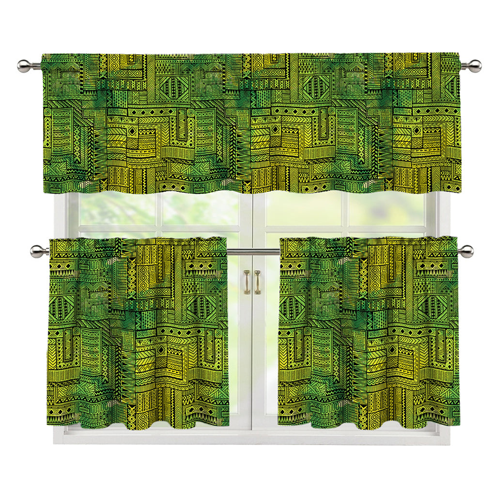 Green And Black African Ethnic Print 3 Piece Kitchen Curtains