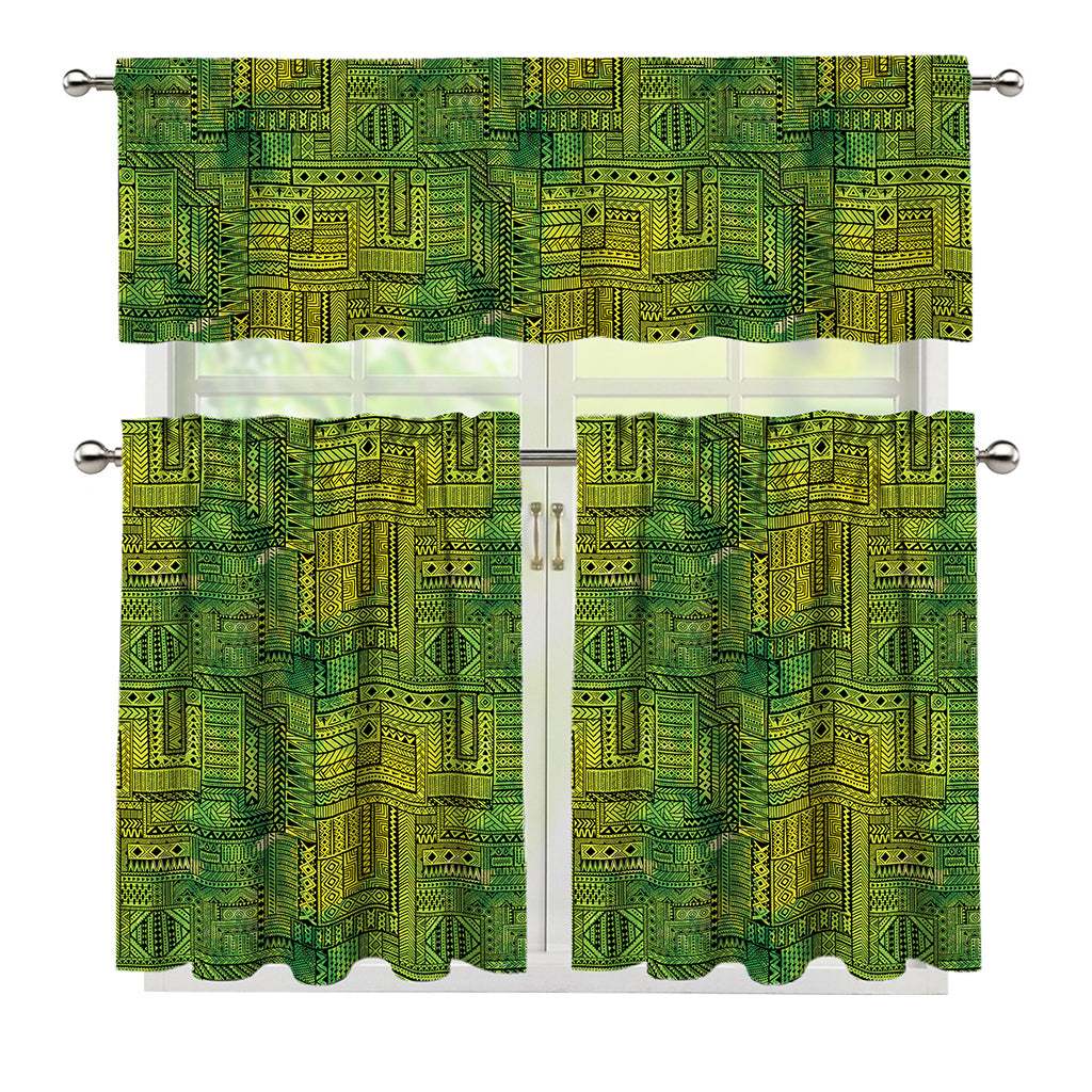 Green And Black African Ethnic Print 3 Piece Kitchen Curtains