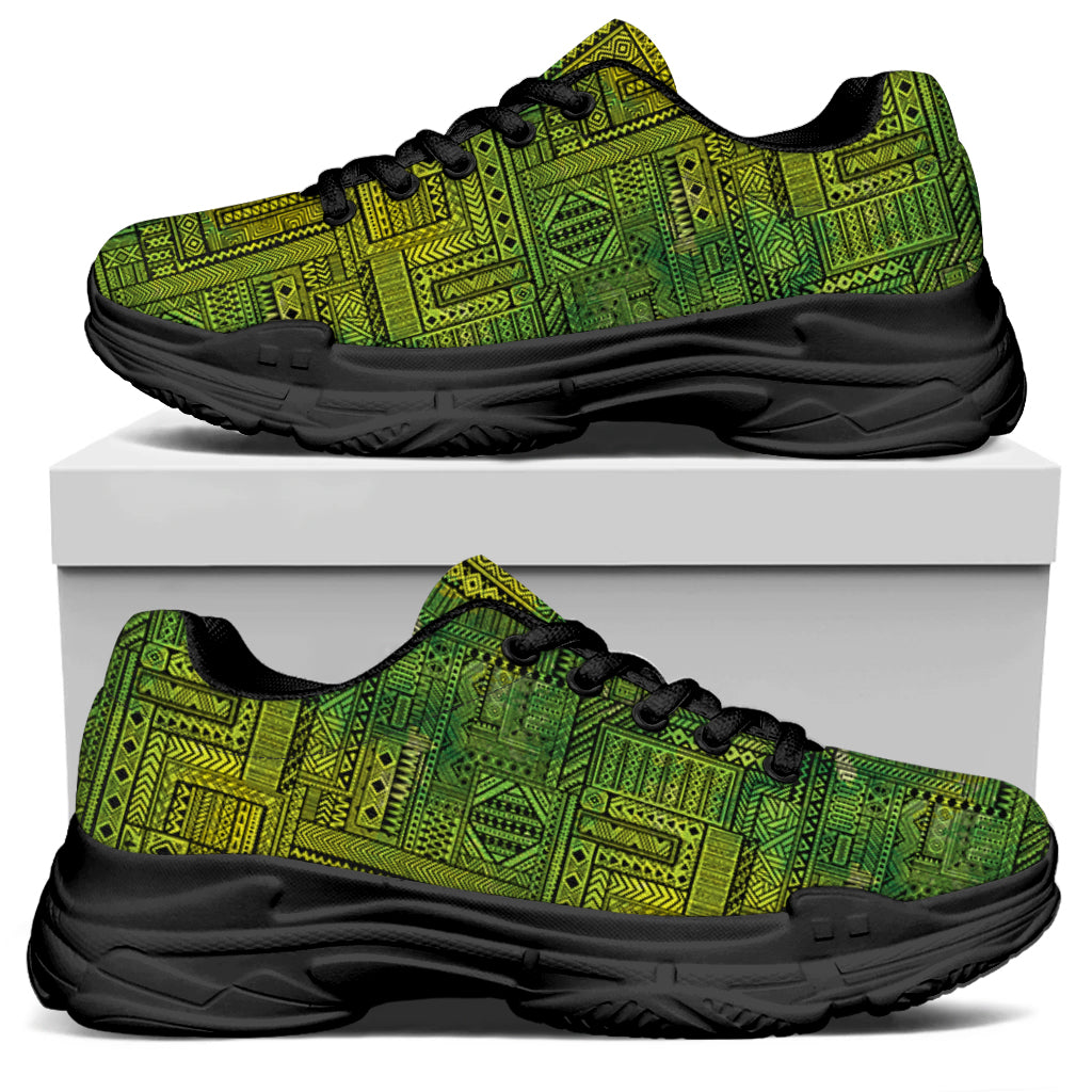 Green And Black African Ethnic Print Black Chunky Shoes