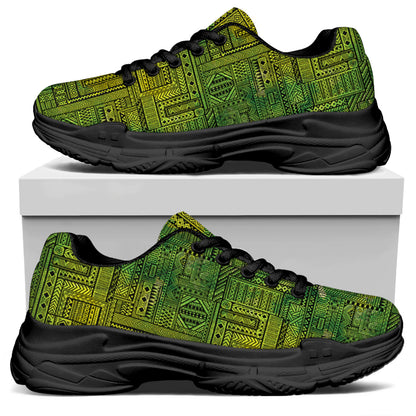 Green And Black African Ethnic Print Black Chunky Shoes