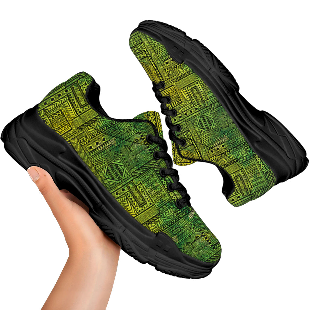 Green And Black African Ethnic Print Black Chunky Shoes