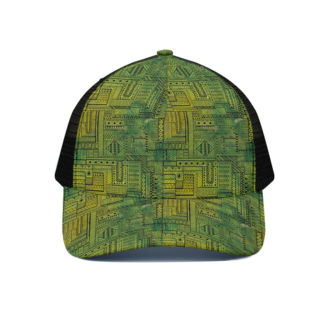 Green And Black African Ethnic Print Black Mesh Trucker Cap