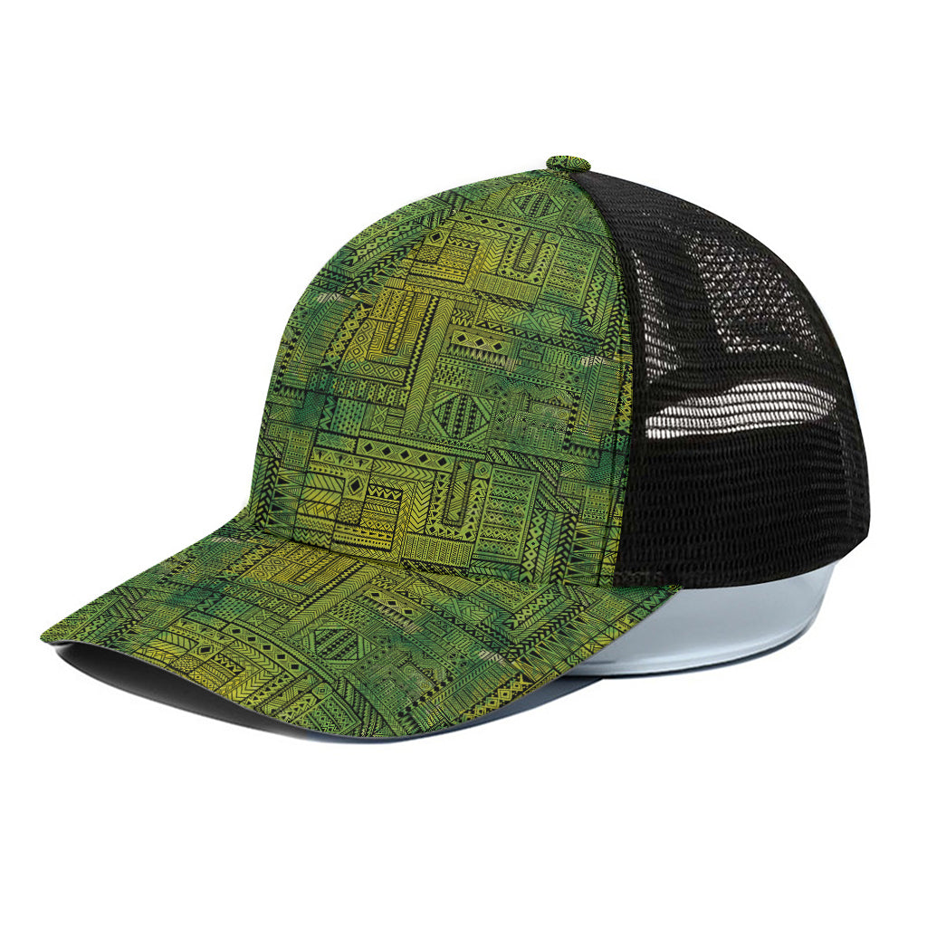 Green And Black African Ethnic Print Black Mesh Trucker Cap