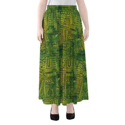 Green And Black African Ethnic Print Chiffon Maxi Skirt