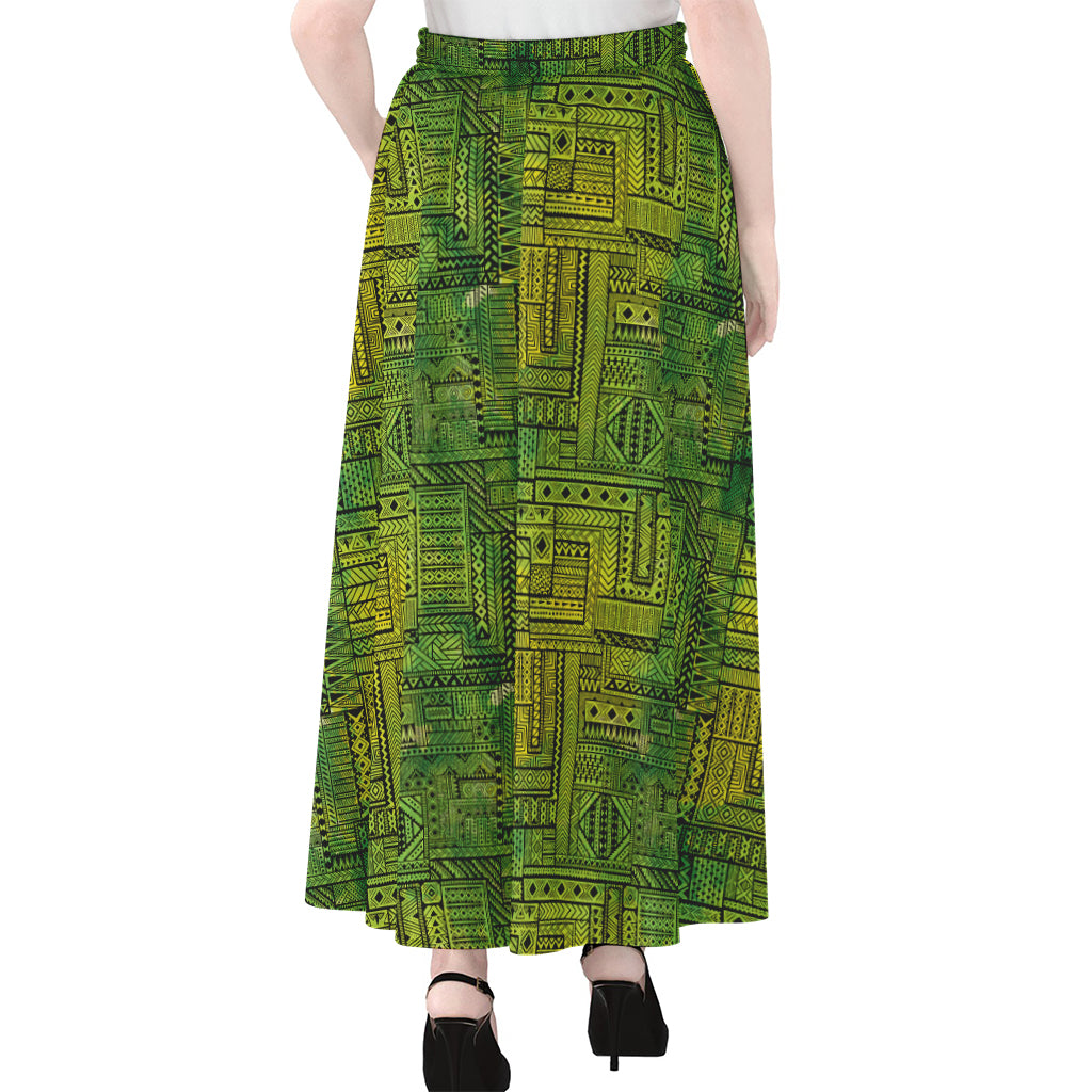 Green And Black African Ethnic Print Chiffon Maxi Skirt