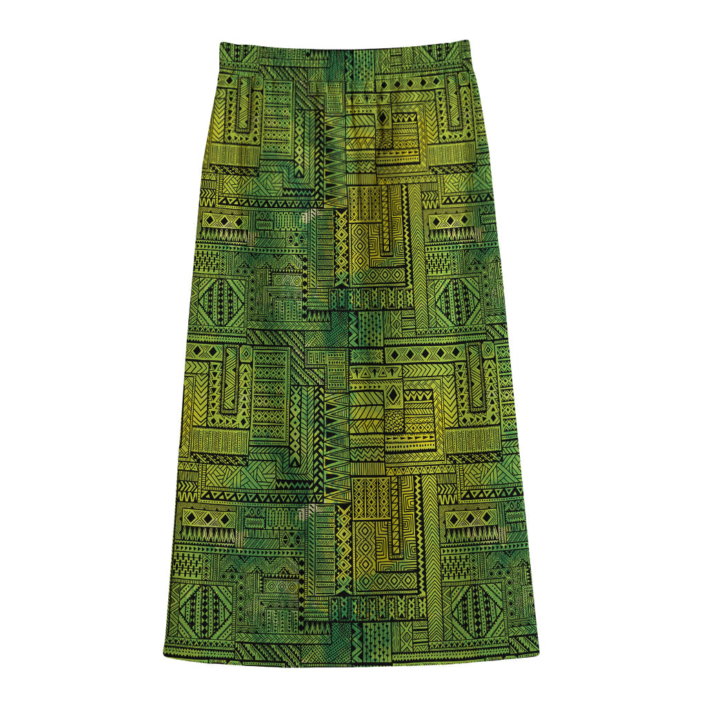 Green And Black African Ethnic Print Cotton Front Slit Maxi Skirt