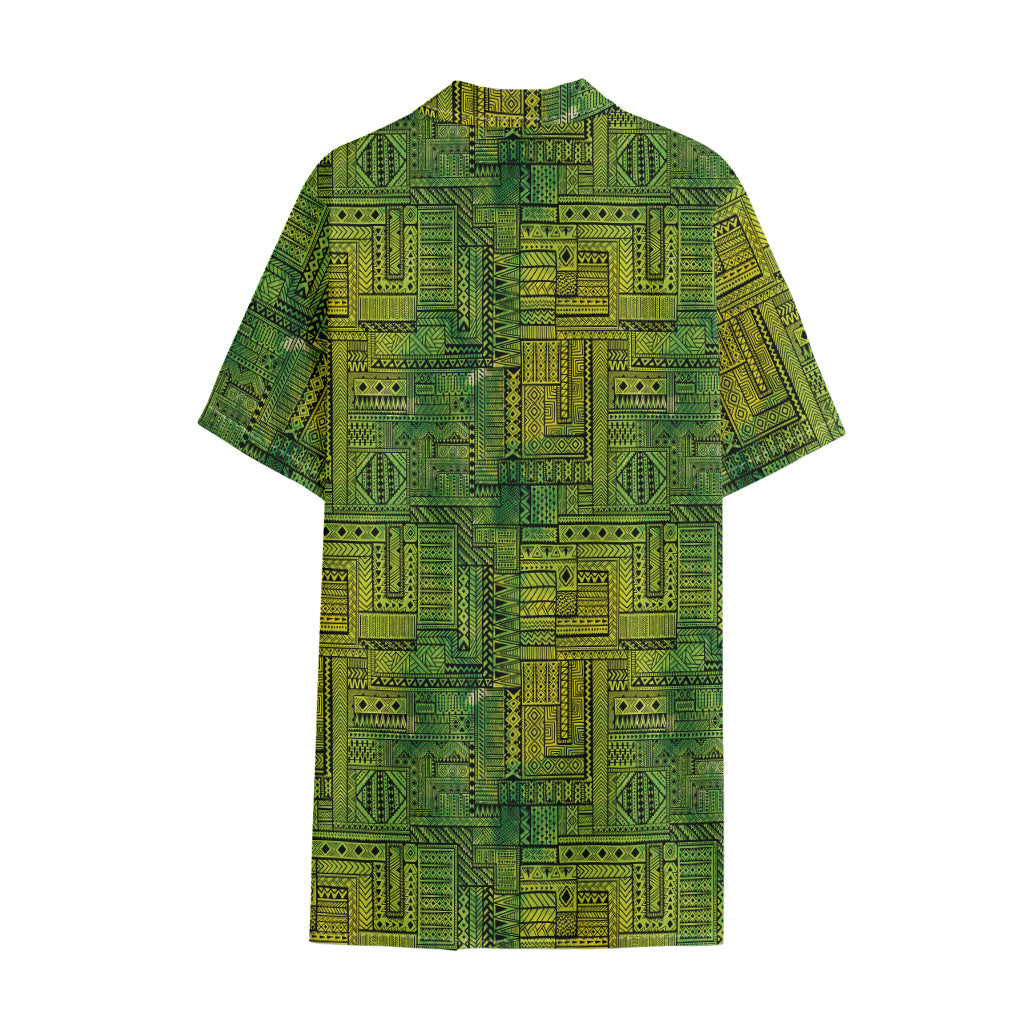 Green And Black African Ethnic Print Cotton Hawaiian Shirt