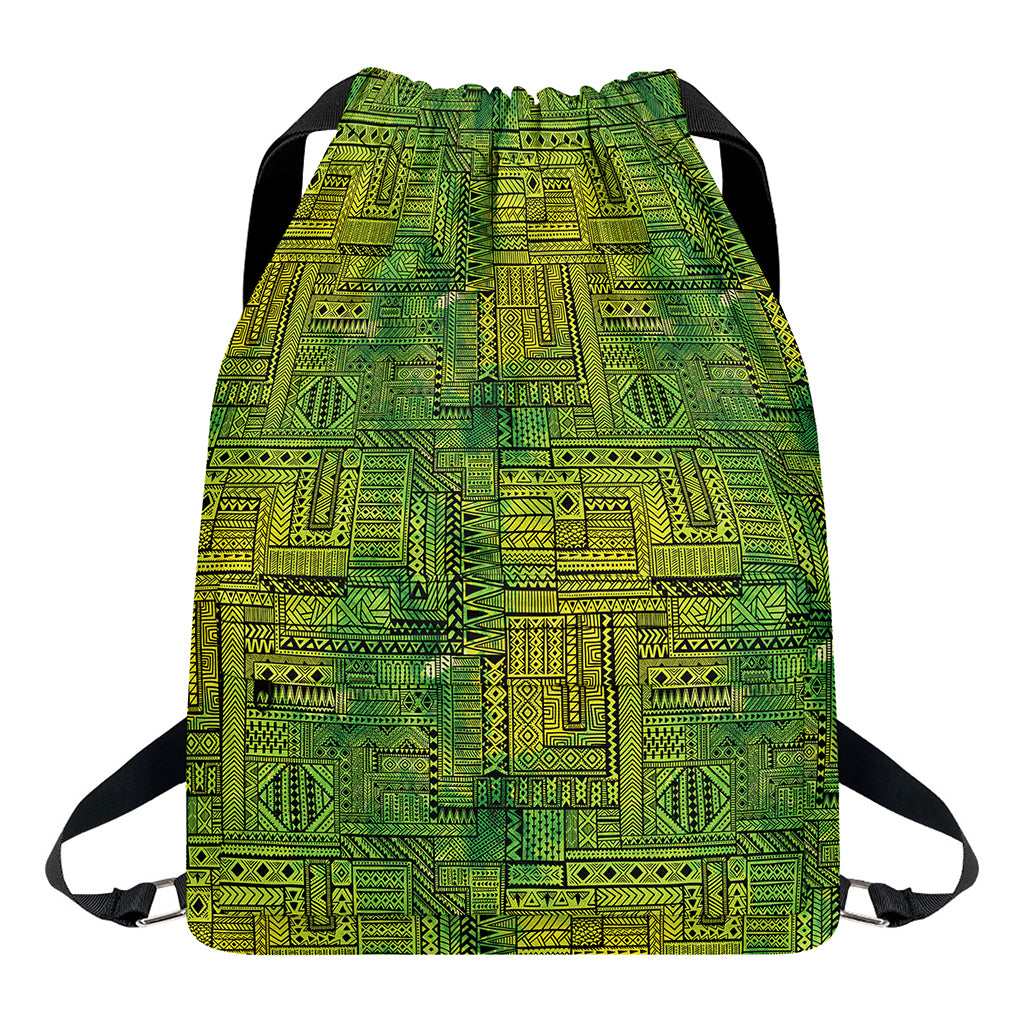 Green And Black African Ethnic Print Drawstring Backpack