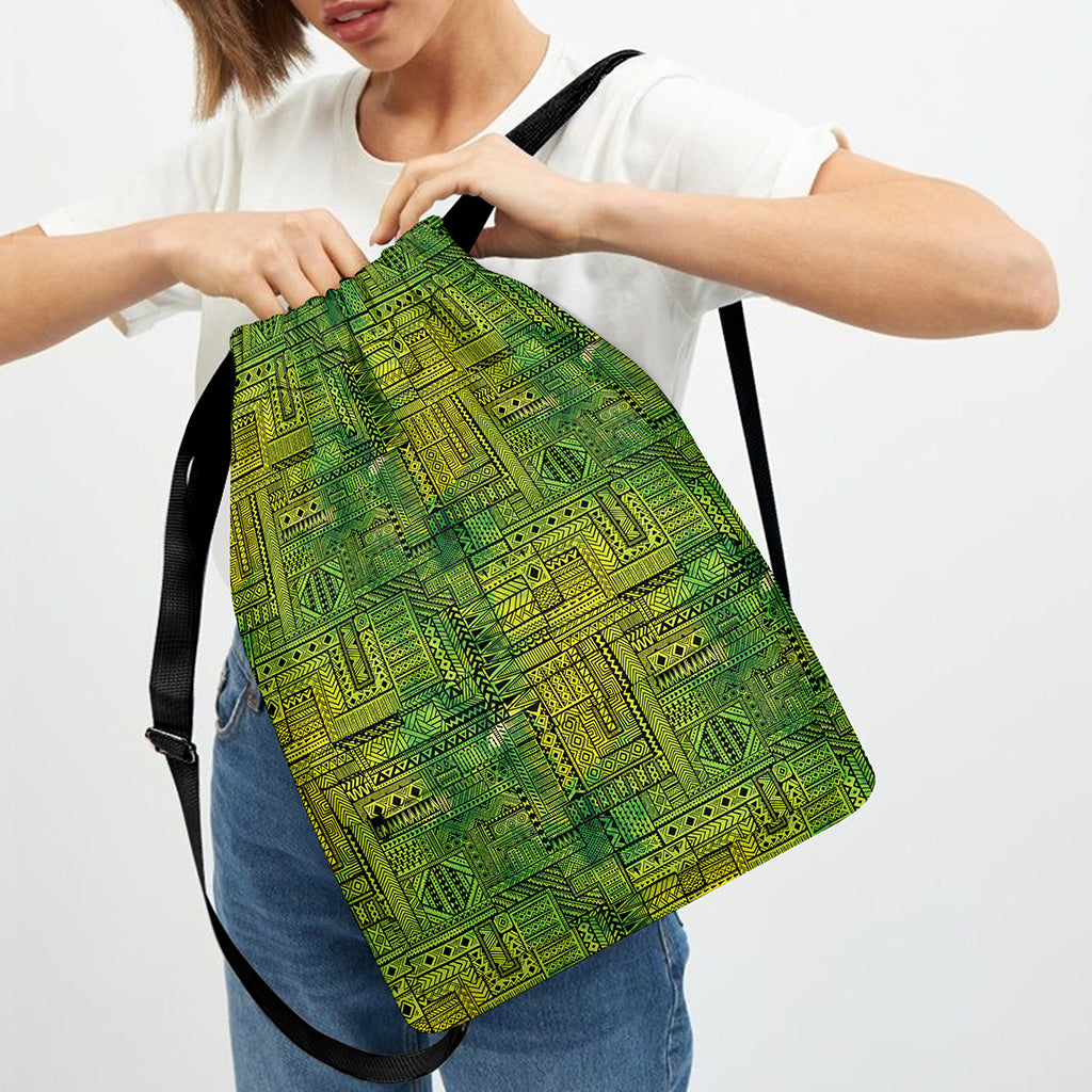 Green And Black African Ethnic Print Drawstring Backpack