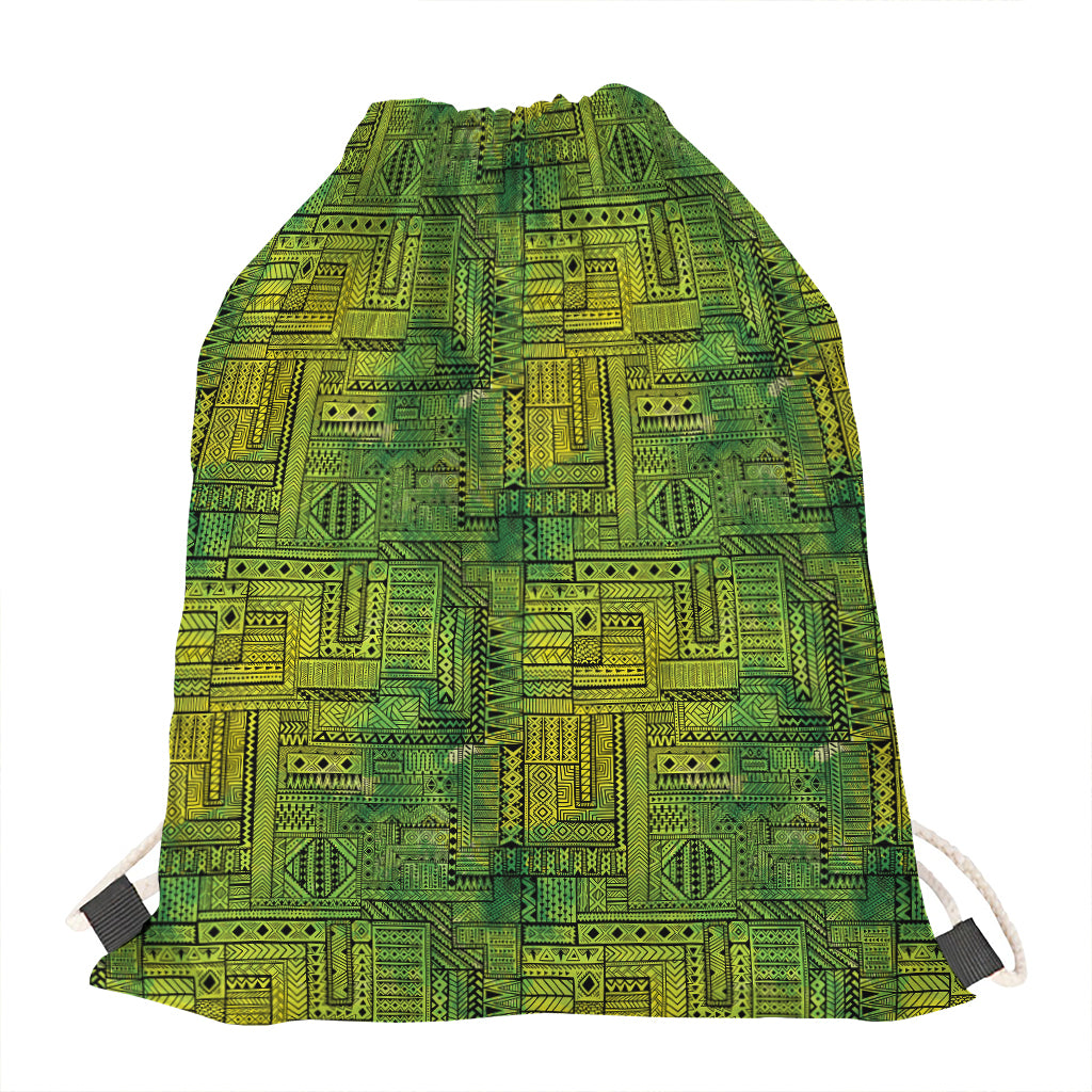 Green And Black African Ethnic Print Drawstring Bag