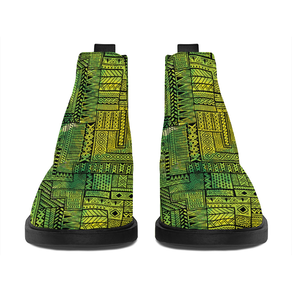 Green And Black African Ethnic Print Flat Ankle Boots