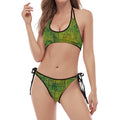 Green And Black African Ethnic Print Halter Scoop Tie Side Bikini