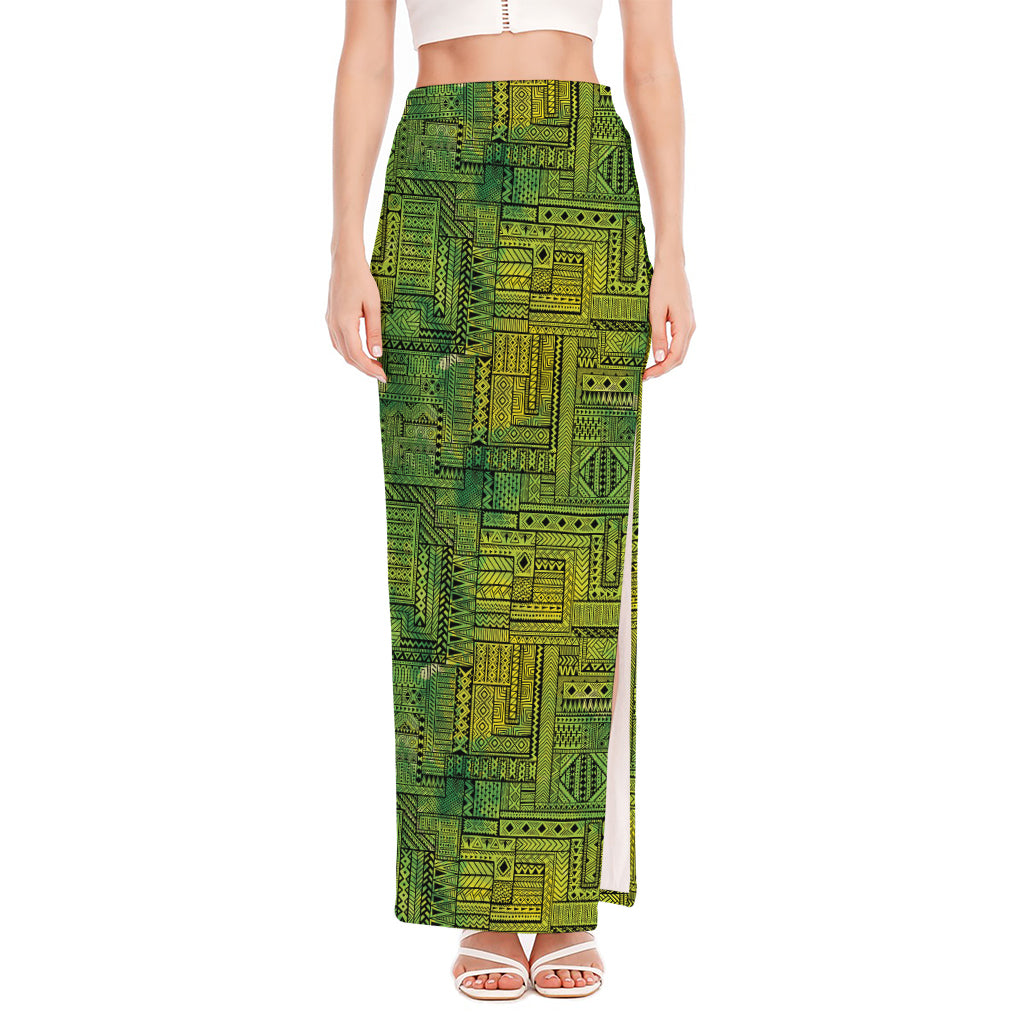 Green And Black African Ethnic Print High Slit Maxi Skirt