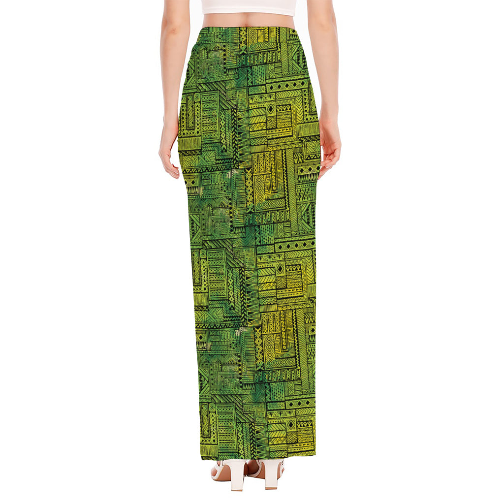 Green And Black African Ethnic Print High Slit Maxi Skirt