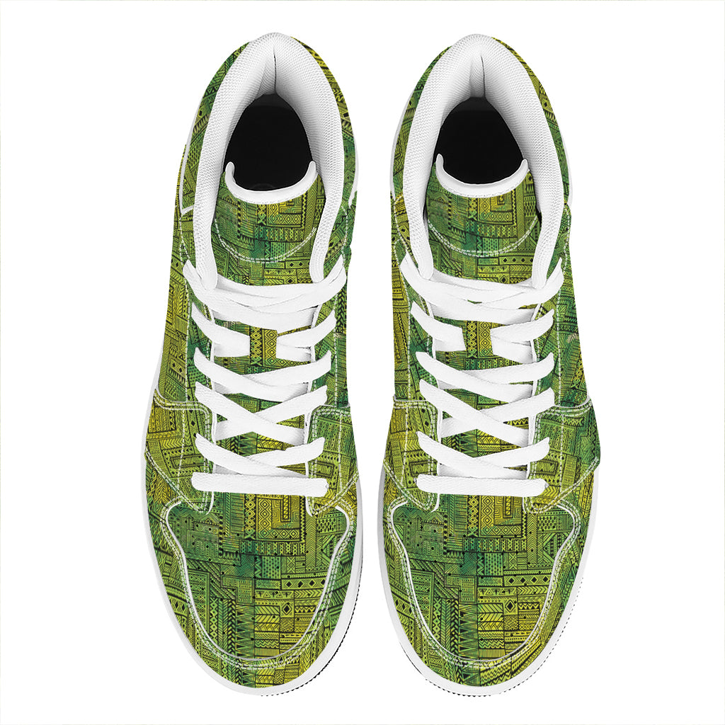 Green And Black African Ethnic Print High Top Leather Sneakers