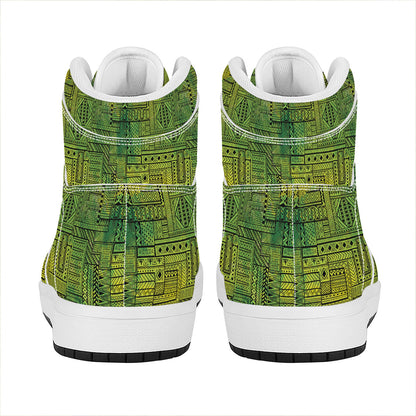 Green And Black African Ethnic Print High Top Leather Sneakers
