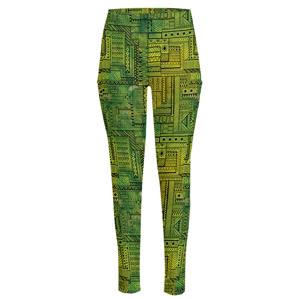 Green And Black African Ethnic Print High-Waisted Pocket Leggings