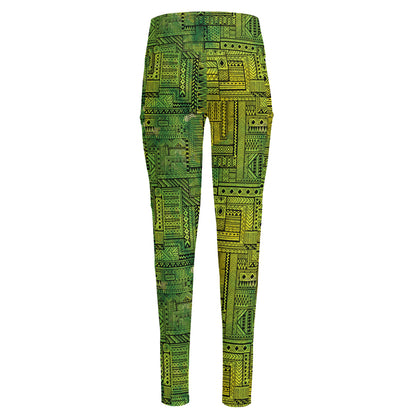 Green And Black African Ethnic Print High-Waisted Pocket Leggings