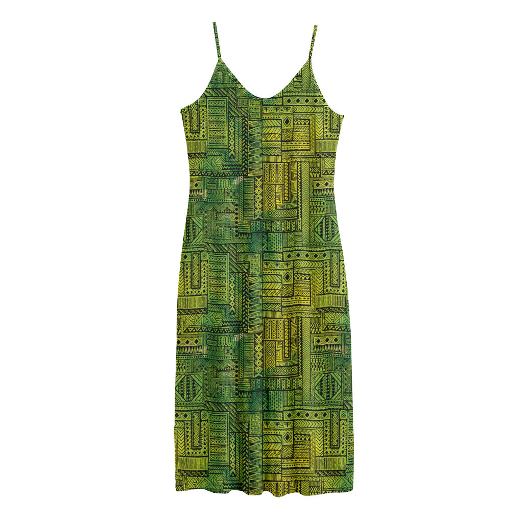 Green And Black African Ethnic Print Jersey Midi Cami Dress