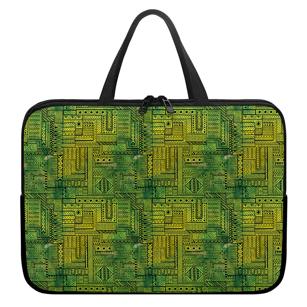 Green And Black African Ethnic Print Laptop Sleeve With Handle