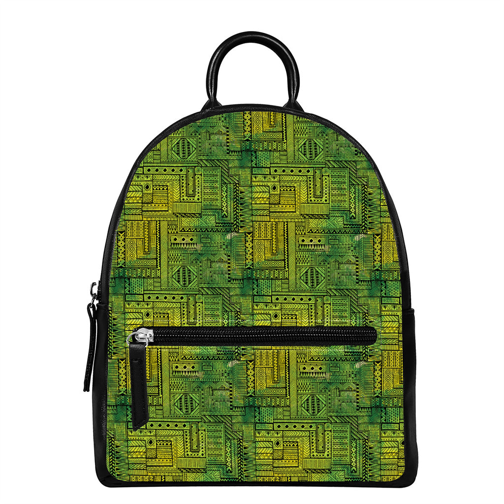 Green And Black African Ethnic Print Leather Backpack