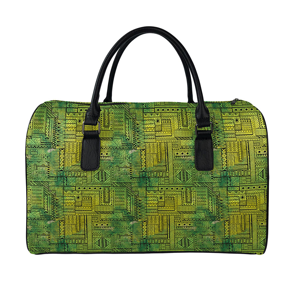 Green And Black African Ethnic Print Leather Duffle Bag