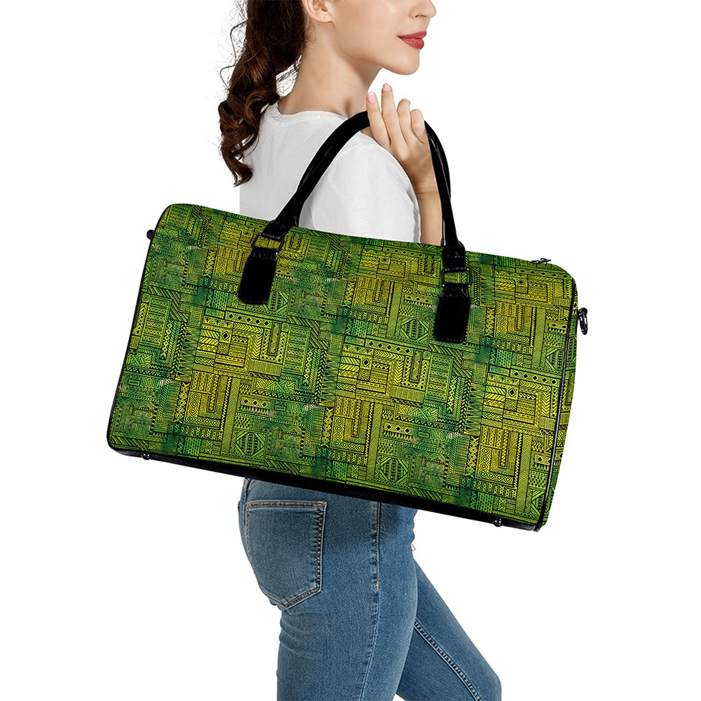 Green And Black African Ethnic Print Leather Duffle Bag