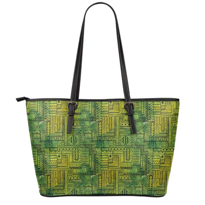 Green And Black African Ethnic Print Leather Tote Bag