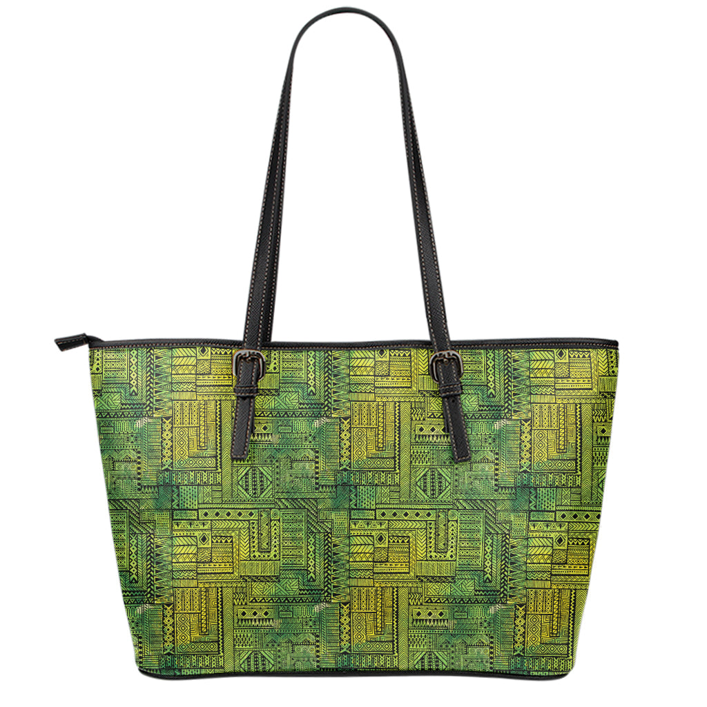 Green And Black African Ethnic Print Leather Tote Bag