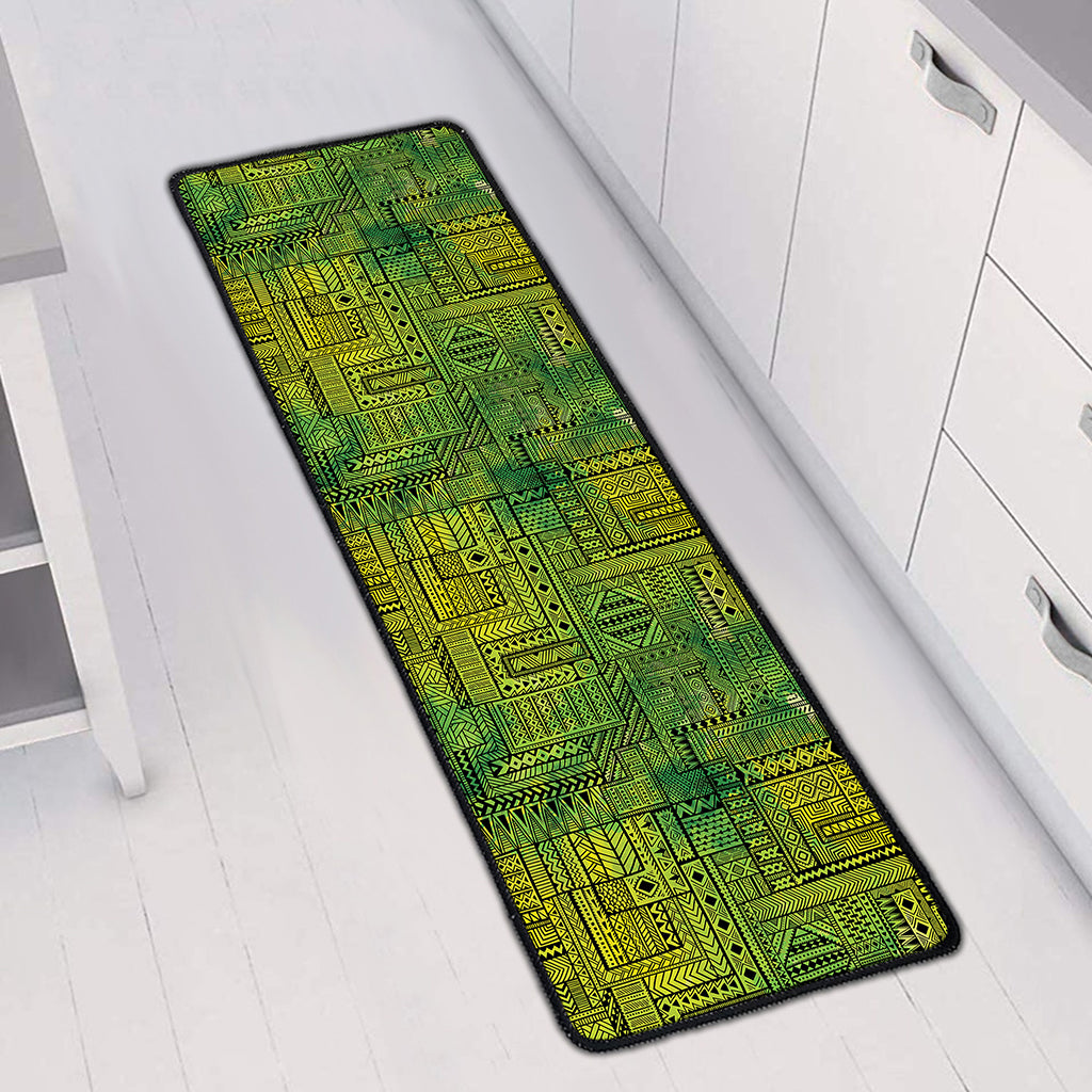Green And Black African Ethnic Print Long Kitchen Mat