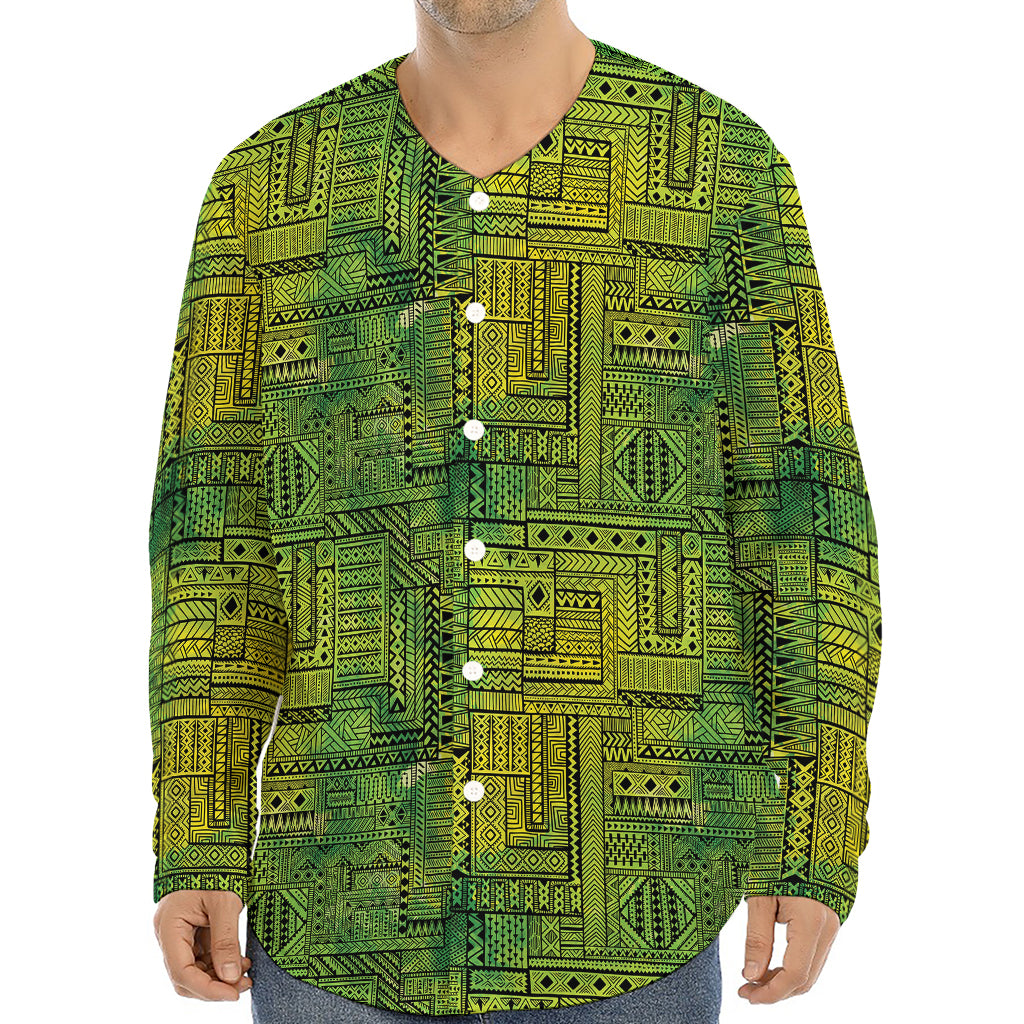 Green And Black African Ethnic Print Long Sleeve Baseball Jersey