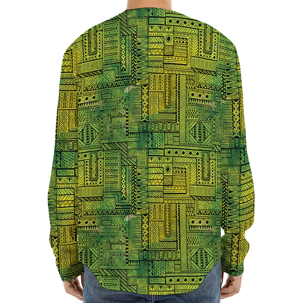 Green And Black African Ethnic Print Long Sleeve Baseball Jersey