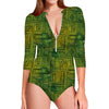 Green And Black African Ethnic Print Long Sleeve Swimsuit