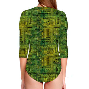Green And Black African Ethnic Print Long Sleeve Swimsuit