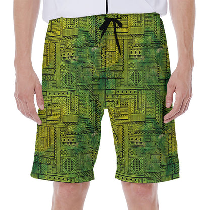 Green And Black African Ethnic Print Men's Beach Shorts