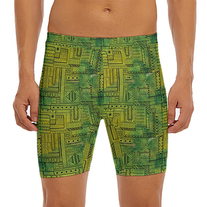 Green And Black African Ethnic Print Men's Long Boxer Briefs