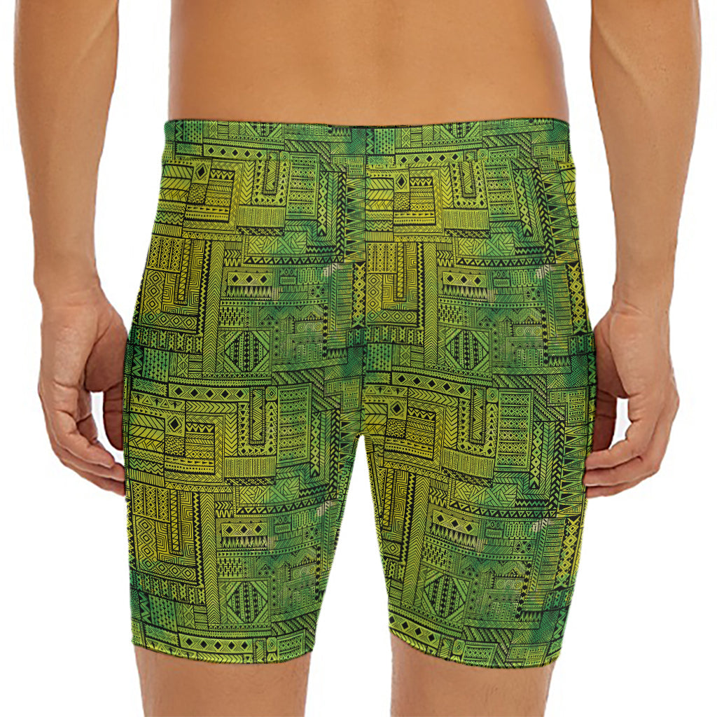 Green And Black African Ethnic Print Men's Long Boxer Briefs