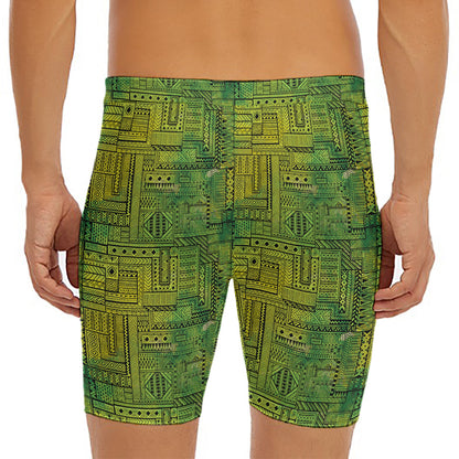 Green And Black African Ethnic Print Men's Long Boxer Briefs