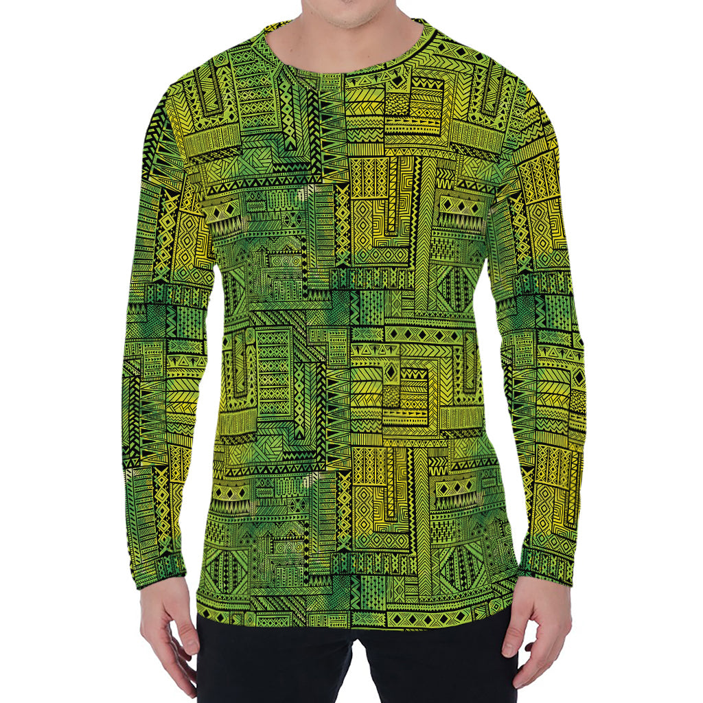 Green And Black African Ethnic Print Men's Long Sleeve T-Shirt