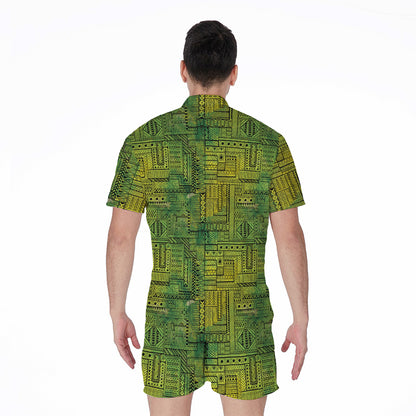 Green And Black African Ethnic Print Men's Rompers