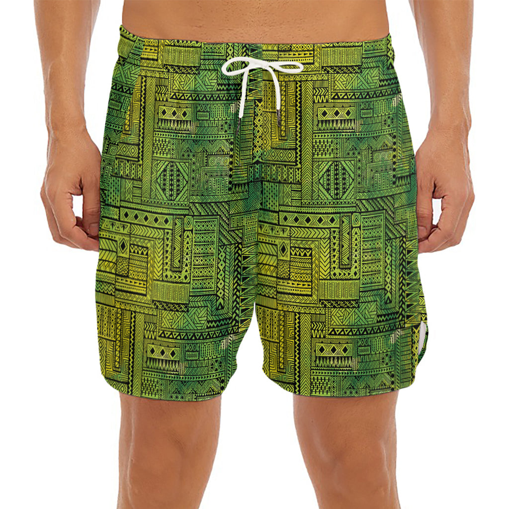 Green And Black African Ethnic Print Men's Split Running Shorts