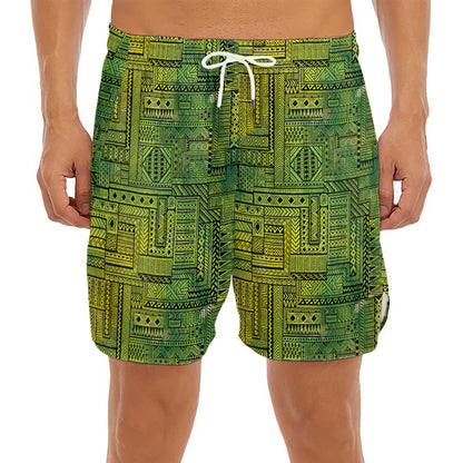 Green And Black African Ethnic Print Men's Split Running Shorts