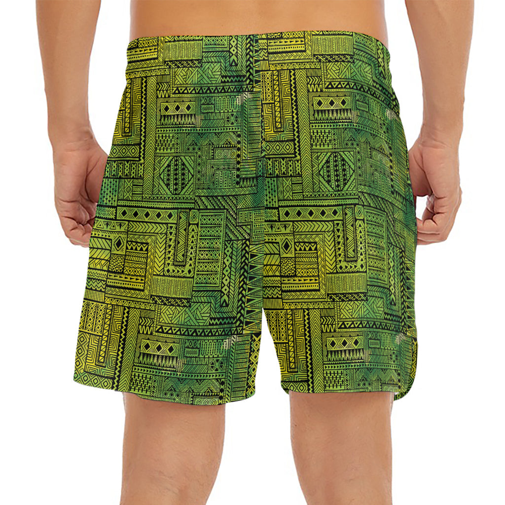 Green And Black African Ethnic Print Men's Split Running Shorts