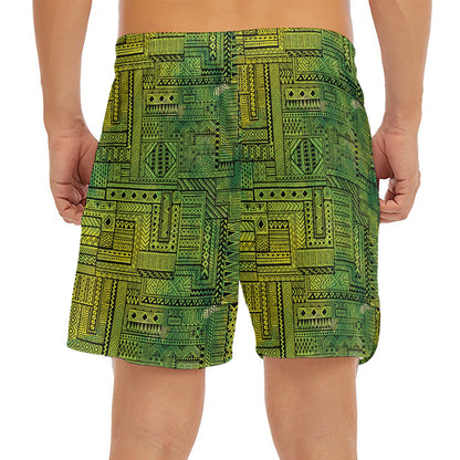 Green And Black African Ethnic Print Men's Split Running Shorts