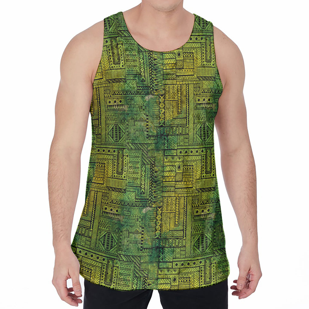Green And Black African Ethnic Print Men's Velvet Tank Top