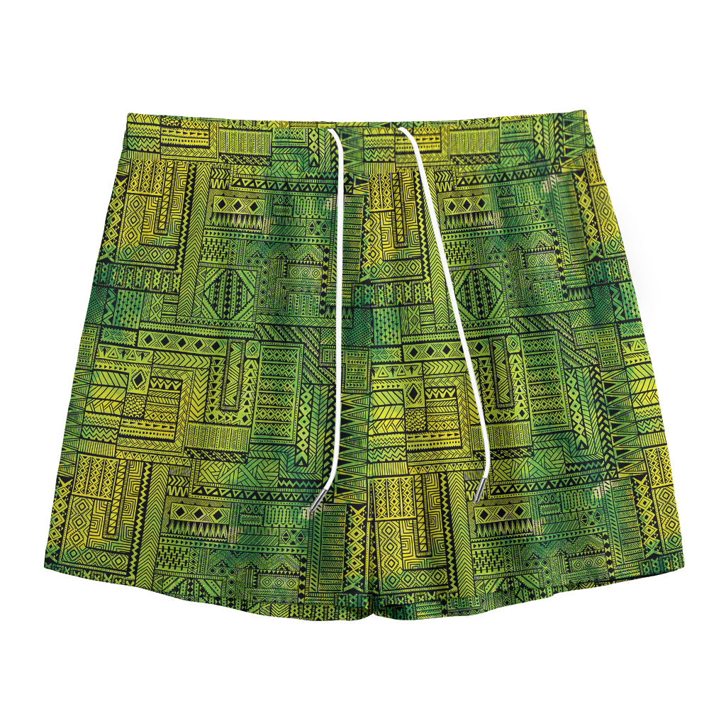 Green And Black African Ethnic Print Mesh Shorts