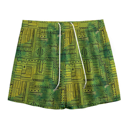Green And Black African Ethnic Print Mesh Shorts