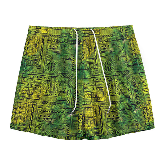 Green And Black African Ethnic Print Mesh Shorts