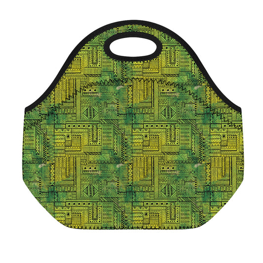 Green And Black African Ethnic Print Neoprene Lunch Bag