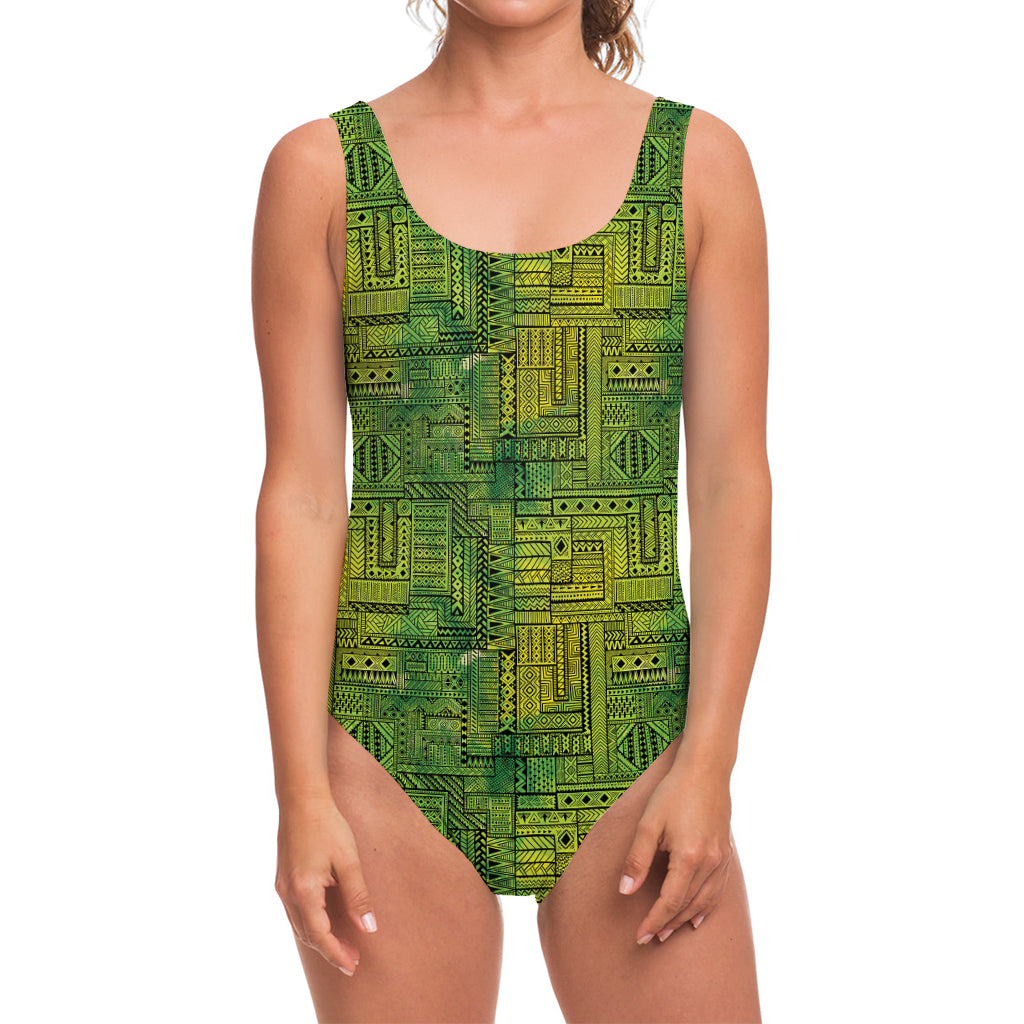 Green And Black African Ethnic Print One Piece Swimsuit